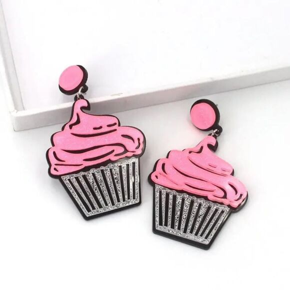 Pink Glitter Cupcake Acrylic Birthday‎ Earrings - Picture 7 of 7